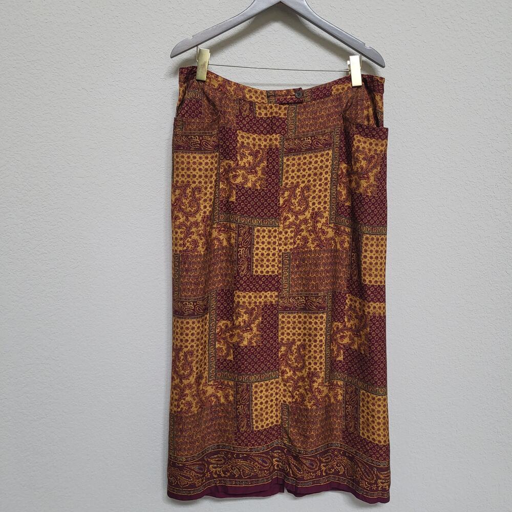 Midi Skirt Crazy Horse Womens 16 Vintage 90s Paisley Patchwork Print Boho Casual